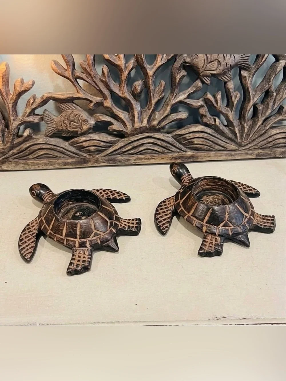 CAST IRON SEA TURTLES VOTIVES CANDLEHOLDER COASTAL DECOR SET OF 2